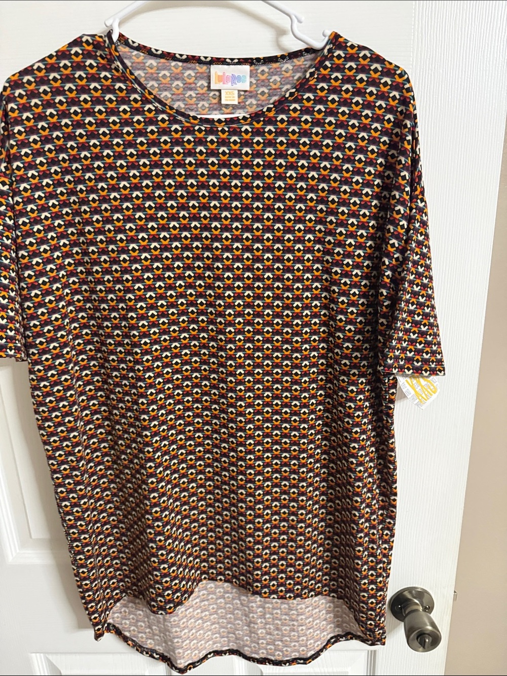 LuLaRoe Short Sleeve Midi Dress in Black, Gold and Orange Geometric Floral
